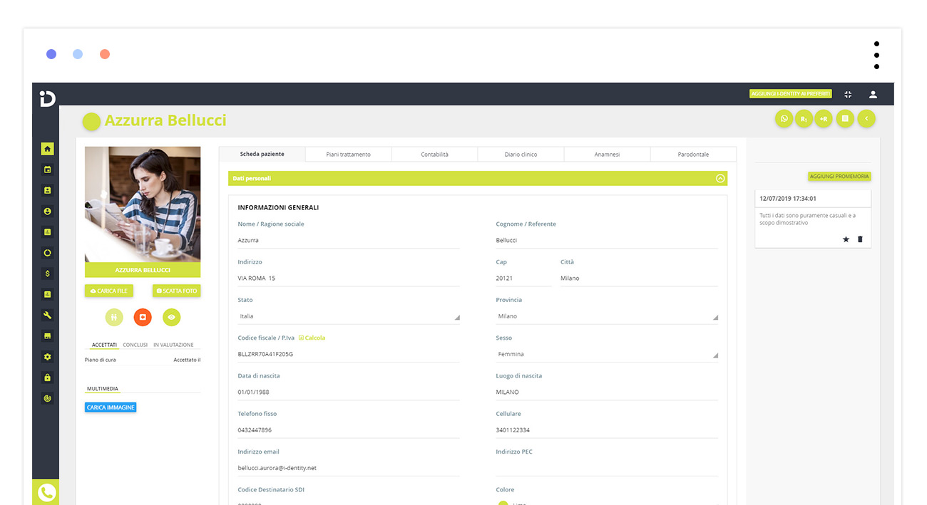 Dati personali della scheda paziente del gestionale per studio dentistico