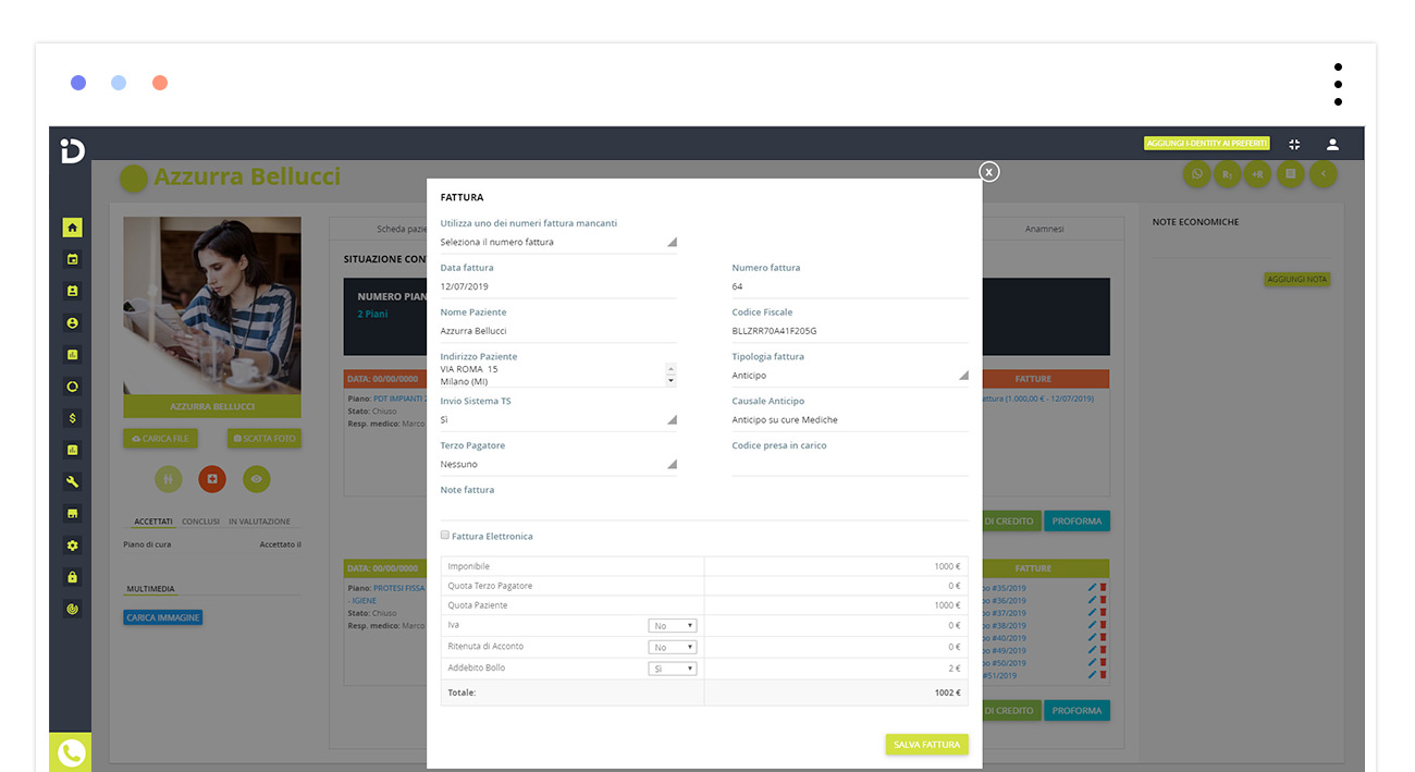 fattura scheda contabilità del gestionale odontoiatrico