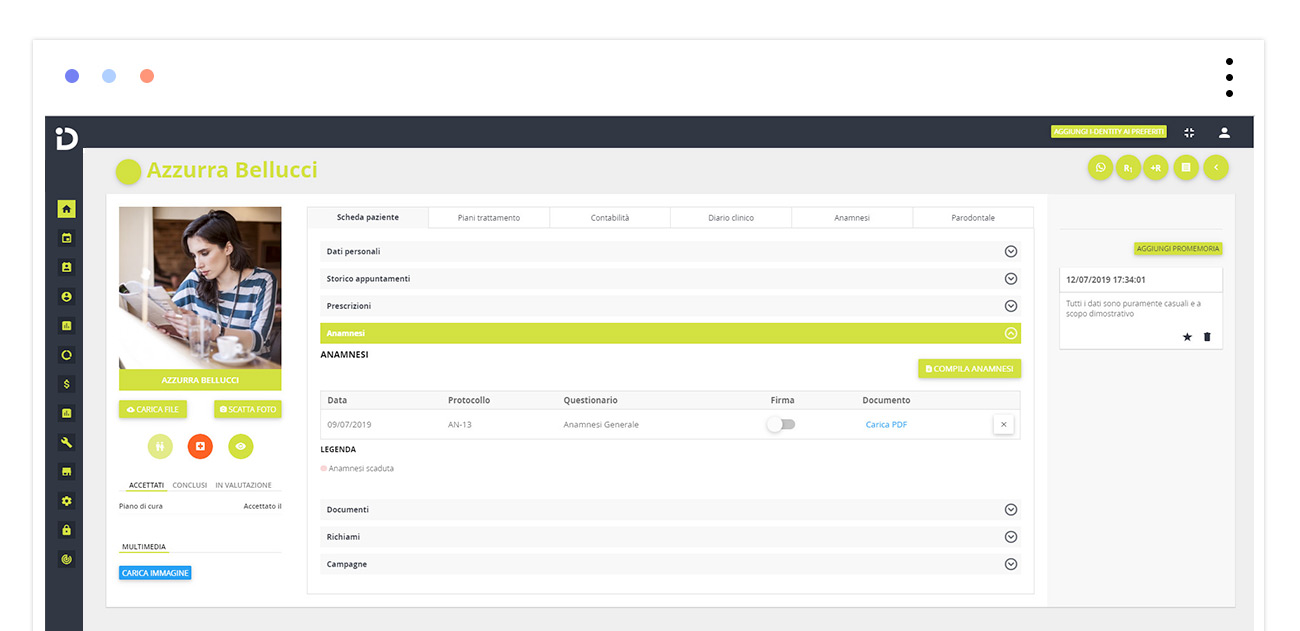 anamnesi della scheda paziente del gestionale per studio dentistico