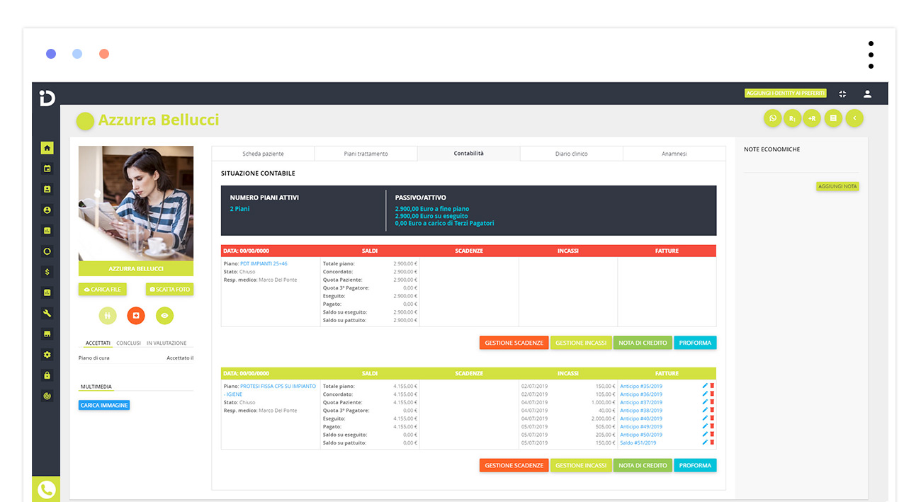 scheda contabilità del gestionale odontoiatrico